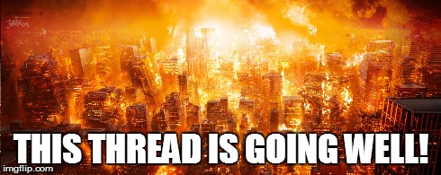THIS THREAD IS GOING WELL! | image tagged in abandon thread,fire,chaos | made w/ Imgflip meme maker