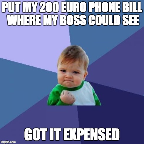 Success Kid | PUT MY 200 EURO PHONE BILL WHERE MY BOSS COULD SEE GOT IT EXPENSED | image tagged in memes,success kid | made w/ Imgflip meme maker
