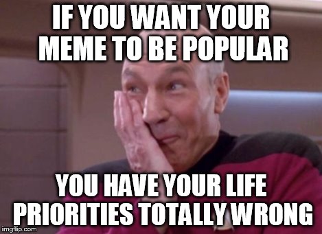 Picard smirk | IF YOU WANT YOUR MEME TO BE POPULAR YOU HAVE YOUR LIFE PRIORITIES TOTALLY WRONG | image tagged in picard smirk | made w/ Imgflip meme maker