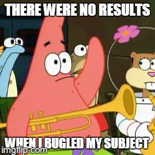 do you kazoo | THERE WERE NO RESULTS WHEN I BUGLED MY SUBJECT | image tagged in memes,no patrick | made w/ Imgflip meme maker