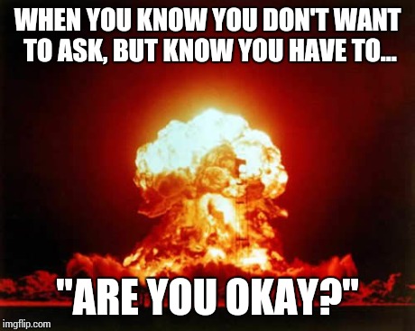 The lady is being evasive, and saying "mhmm" a lot... | WHEN YOU KNOW YOU DON'T WANT TO ASK, BUT KNOW YOU HAVE TO... "ARE YOU OKAY?" | image tagged in memes,nuclear explosion | made w/ Imgflip meme maker