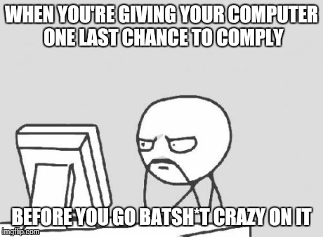 Computer Guy | WHEN YOU'RE GIVING YOUR COMPUTER ONE LAST CHANCE TO COMPLY BEFORE YOU GO BATSH*T CRAZY ON IT | image tagged in memes,computer guy | made w/ Imgflip meme maker