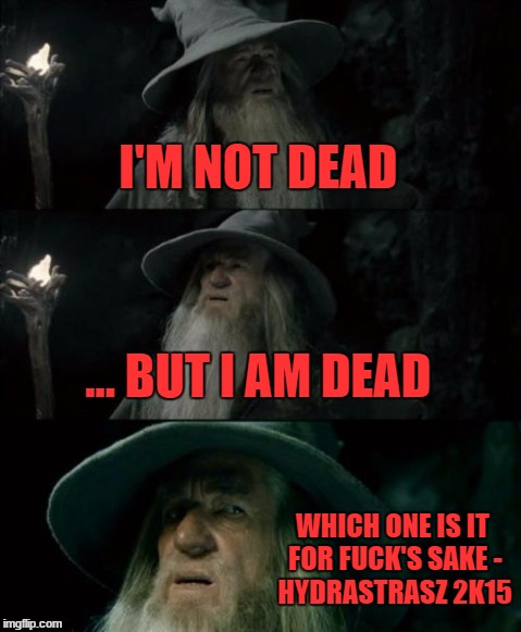 Confused Gandalf Meme | I'M NOT DEAD ... BUT I AM DEAD WHICH ONE IS IT FOR F**K'S SAKE
- HYDRASTRASZ 2K15 | image tagged in memes,confused gandalf | made w/ Imgflip meme maker