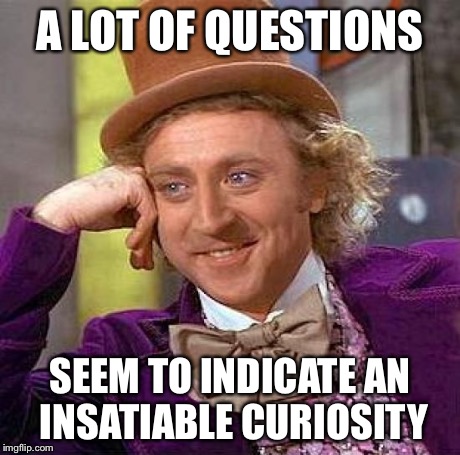 Creepy Condescending Wonka Meme | A LOT OF QUESTIONS SEEM TO INDICATE AN INSATIABLE CURIOSITY | image tagged in memes,creepy condescending wonka | made w/ Imgflip meme maker