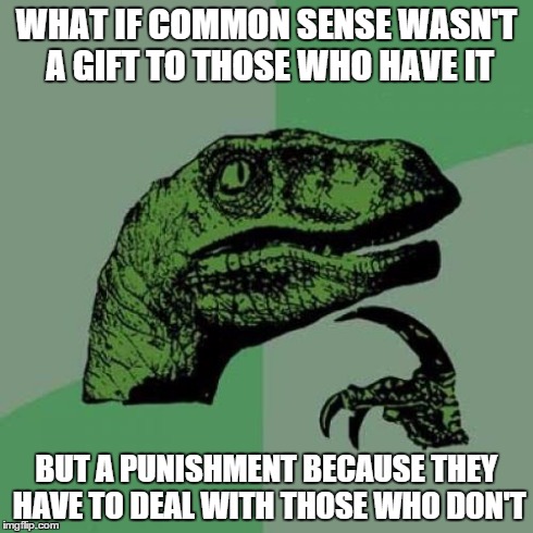 Philosoraptor | WHAT IF COMMON SENSE WASN'T A GIFT TO THOSE WHO HAVE IT BUT A PUNISHMENT BECAUSE THEY HAVE TO DEAL WITH THOSE WHO DON'T | image tagged in memes,philosoraptor | made w/ Imgflip meme maker