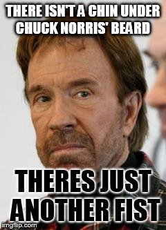 Chuck Norris | THERE ISN'T A CHIN UNDER CHUCK NORRIS' BEARD THERES JUST ANOTHER FIST | image tagged in chuck norris | made w/ Imgflip meme maker