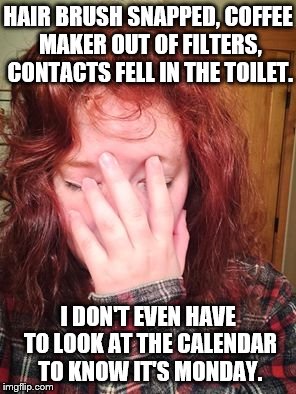 Lost Girl's Monday | HAIR BRUSH SNAPPED, COFFEE MAKER OUT OF FILTERS, CONTACTS FELL IN THE TOILET. I DON'T EVEN HAVE TO LOOK AT THE CALENDAR TO KNOW IT'S MONDAY. | image tagged in lost girl cosplay,monday,facepalm | made w/ Imgflip meme maker