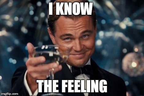Leonardo Dicaprio Cheers Meme | I KNOW THE FEELING | image tagged in memes,leonardo dicaprio cheers | made w/ Imgflip meme maker