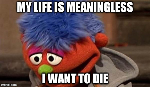 MY LIFE IS MEANINGLESS I WANT TO DIE | image tagged in sad muppet | made w/ Imgflip meme maker