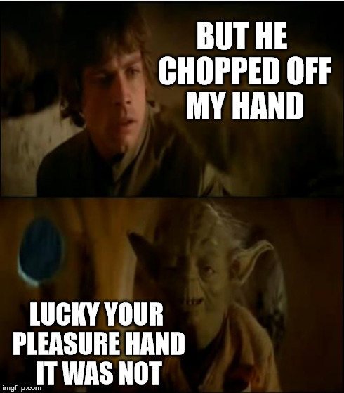 Luke & Yoda talk | BUT HE CHOPPED OFF MY HAND LUCKY YOUR PLEASURE HAND IT WAS NOT | image tagged in luke  yoda talk | made w/ Imgflip meme maker