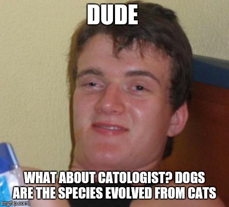 10 Guy Meme | DUDE WHAT ABOUT CATOLOGIST? DOGS ARE THE SPECIES EVOLVED FROM CATS | image tagged in memes,10 guy | made w/ Imgflip meme maker