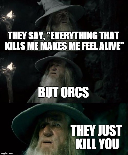 Stupid lyrics | THEY SAY, "EVERYTHING THAT KILLS ME MAKES ME FEEL ALIVE" BUT ORCS THEY JUST KILL YOU | image tagged in memes,confused gandalf | made w/ Imgflip meme maker