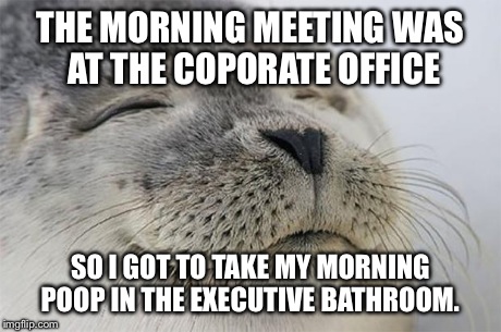 Satisfied Seal Meme | THE MORNING MEETING WAS AT THE COPORATE OFFICE SO I GOT TO TAKE MY MORNING POOP IN THE EXECUTIVE BATHROOM. | image tagged in memes,satisfied seal | made w/ Imgflip meme maker