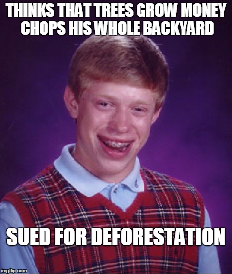 Bad Luck Brian Meme | THINKS THAT TREES GROW MONEY CHOPS HIS WHOLE BACKYARD SUED FOR DEFORESTATION | image tagged in memes,bad luck brian | made w/ Imgflip meme maker