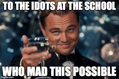 Leonardo Dicaprio Cheers Meme | TO THE IDOTS AT THE SCHOOL WHO MAD THIS POSSIBLE | image tagged in memes,leonardo dicaprio cheers | made w/ Imgflip meme maker
