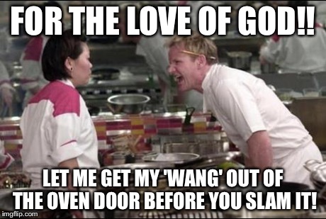 Angry Chef Gordon Ramsay Meme | FOR THE LOVE OF GOD!! LET ME GET MY 'WANG' OUT OF THE OVEN DOOR BEFORE YOU SLAM IT! | image tagged in memes,angry chef gordon ramsay | made w/ Imgflip meme maker