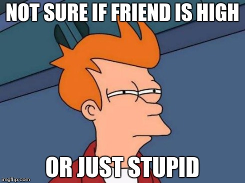 Futurama Fry | NOT SURE IF FRIEND IS HIGH OR JUST STUPID | image tagged in memes,futurama fry | made w/ Imgflip meme maker