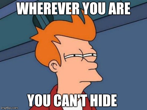 Futurama Fry Meme | WHEREVER YOU ARE YOU CAN'T HIDE | image tagged in memes,futurama fry | made w/ Imgflip meme maker