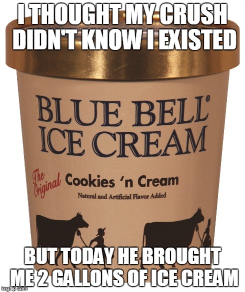 Blue Bell Ice Cream Recall  | I THOUGHT MY CRUSH DIDN'T KNOW I EXISTED BUT TODAY HE BROUGHT ME 2 GALLONS OF ICE CREAM | image tagged in bluebell,icecream,bluebellrecall,icecreamrecall,picard wtf,vanilla ice | made w/ Imgflip meme maker