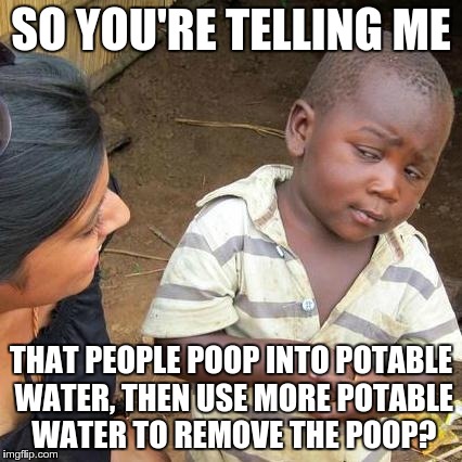 Third World Skeptical Kid Meme | SO YOU'RE TELLING ME THAT PEOPLE POOP INTO POTABLE WATER, THEN USE MORE POTABLE WATER TO REMOVE THE POOP? | image tagged in memes,third world skeptical kid,AdviceAnimals | made w/ Imgflip meme maker