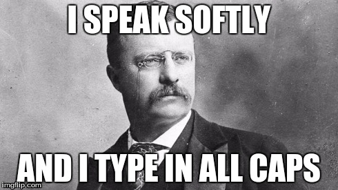 21st century Teddy | I SPEAK SOFTLY AND I TYPE IN ALL CAPS | image tagged in computer,typing,presidents,teddy roosevelt | made w/ Imgflip meme maker