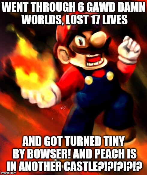 Is all of this worth it? | WENT THROUGH 6 GAWD DAMN WORLDS, LOST 17 LIVES AND GOT TURNED TINY BY BOWSER! AND PEACH IS IN ANOTHER CASTLE?!?!?!?!? | image tagged in memes,mario | made w/ Imgflip meme maker