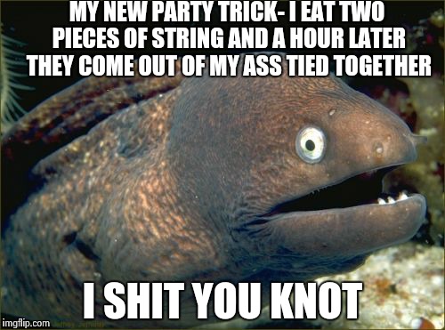 Bad Joke Eel Meme | MY NEW PARTY TRICK- I EAT TWO PIECES OF STRING AND A HOUR LATER THEY COME OUT OF MY ASS TIED TOGETHER I SHIT YOU KNOT | image tagged in memes,bad joke eel | made w/ Imgflip meme maker