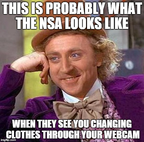 NSA wonka | THIS IS PROBABLY WHAT THE NSA LOOKS LIKE WHEN THEY SEE YOU CHANGING CLOTHES THROUGH YOUR WEBCAM | image tagged in memes,creepy condescending wonka,nsa | made w/ Imgflip meme maker