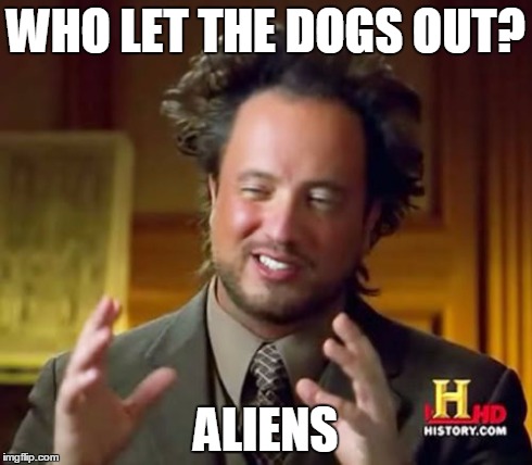 Ancient Aliens | WHO LET THE DOGS OUT? ALIENS | image tagged in memes,ancient aliens | made w/ Imgflip meme maker