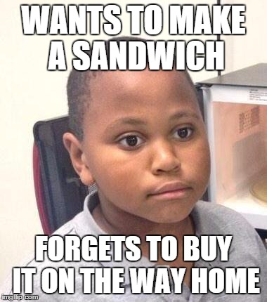 Minor Mistake Marvin | WANTS TO MAKE A SANDWICH FORGETS TO BUY IT ON THE WAY HOME | image tagged in memes,minor mistake marvin | made w/ Imgflip meme maker