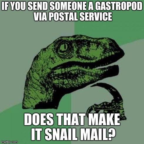 Philosoraptor | IF YOU SEND SOMEONE A GASTROPOD VIA POSTAL SERVICE DOES THAT MAKE IT SNAIL MAIL? | image tagged in memes,philosoraptor,animals,funny | made w/ Imgflip meme maker