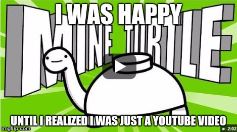 Mine Turtle | I WAS HAPPY UNTIL I REALIZED I WAS JUST A YOUTUBE VIDEO | image tagged in mine turtle | made w/ Imgflip meme maker