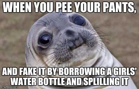Awkward Moment Sealion | WHEN YOU PEE YOUR PANTS, AND FAKE IT BY BORROWING A GIRLS' WATER BOTTLE AND SPLILLING IT | image tagged in memes,awkward moment sealion | made w/ Imgflip meme maker