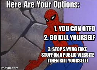 1. YOU CAN GTFO 2. GO KILL YOURSELF 3. STOP SAYING FAKE STUFF ON A PUBLIC WEBSITE (THEN KILL YOURSELF) | made w/ Imgflip meme maker
