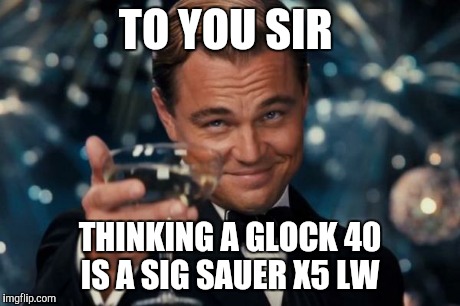 Leonardo Dicaprio Cheers Meme | TO YOU SIR THINKING A GLOCK 40 IS A SIG SAUER X5 LW | image tagged in memes,leonardo dicaprio cheers | made w/ Imgflip meme maker