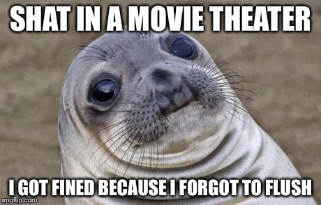 Awkward Moment Sealion Meme | SHAT IN A MOVIE THEATER I GOT FINED BECAUSE I FORGOT TO FLUSH | image tagged in memes,awkward moment sealion | made w/ Imgflip meme maker