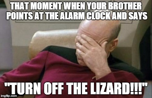 Captain Picard Facepalm | THAT MOMENT WHEN YOUR BROTHER POINTS AT THE ALARM CLOCK AND SAYS "TURN OFF THE LIZARD!!!" | image tagged in memes,captain picard facepalm | made w/ Imgflip meme maker