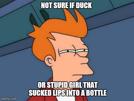 Futurama Fry | NOT SURE IF DUCK OR STUPID GIRL THAT SUCKED LIPS INTO A BOTTLE | image tagged in memes,futurama fry | made w/ Imgflip meme maker
