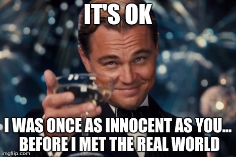 Leonardo Dicaprio Cheers Meme | IT'S OK I WAS ONCE AS INNOCENT AS YOU... BEFORE I MET THE REAL WORLD | image tagged in memes,leonardo dicaprio cheers | made w/ Imgflip meme maker