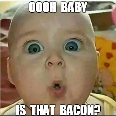 Oooh Baby bacon | OOOH  BABY IS  THAT  BACON? | image tagged in oooh baby,funny | made w/ Imgflip meme maker