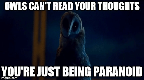 OWLS CAN'T READ YOUR THOUGHTS YOU'RE JUST BEING PARANOID | image tagged in the fourth kind,freeman's mind,machinima,owl,paranoid | made w/ Imgflip meme maker