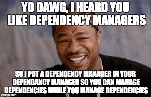 Yo Dawg Heard You Meme | YO DAWG, I HEARD YOU LIKE DEPENDENCY MANAGERS SO I PUT A DEPENDENCY MANAGER IN YOUR DEPENDANCY MANAGER SO YOU CAN MANAGE DEPENDENCIES WHILE  | image tagged in memes,yo dawg heard you | made w/ Imgflip meme maker