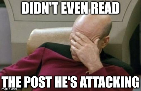 Captain Picard Facepalm | DIDN'T EVEN READ THE POST HE'S ATTACKING | image tagged in memes,captain picard facepalm | made w/ Imgflip meme maker
