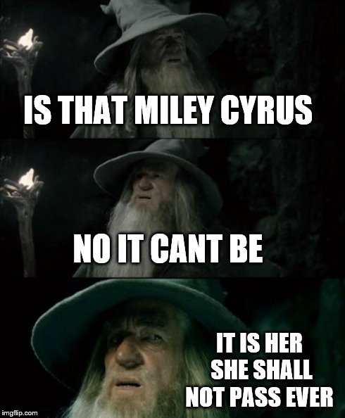 Confused Gandalf Meme | IS THAT MILEY CYRUS NO IT CANT BE IT IS HER SHE SHALL NOT PASS EVER | image tagged in memes,confused gandalf | made w/ Imgflip meme maker