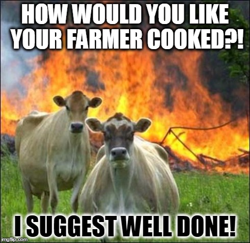 Cow Chefs | HOW WOULD YOU LIKE YOUR FARMER COOKED?! I SUGGEST WELL DONE! | image tagged in memes,evil cows,cooking,fire,farmer | made w/ Imgflip meme maker