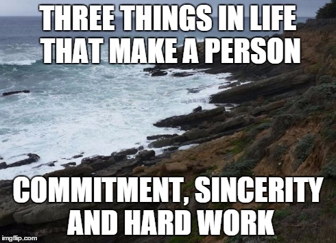 THREE THINGS IN LIFE THAT MAKE A PERSON COMMITMENT, SINCERITY AND HARD WORK | image tagged in beach | made w/ Imgflip meme maker