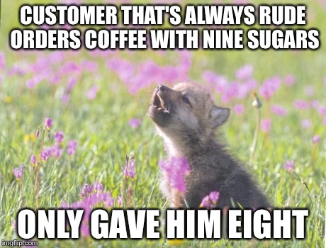 Baby Insanity Wolf Meme | CUSTOMER THAT'S ALWAYS RUDE ORDERS COFFEE WITH NINE SUGARS ONLY GAVE HIM EIGHT | image tagged in memes,baby insanity wolf,AdviceAnimals | made w/ Imgflip meme maker