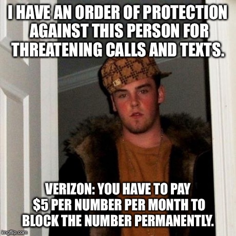 Scumbag Steve Meme | I HAVE AN ORDER OF PROTECTION AGAINST THIS PERSON FOR THREATENING CALLS AND TEXTS. VERIZON: YOU HAVE TO PAY $5 PER NUMBER PER MONTH TO BLOCK | image tagged in memes,scumbag steve | made w/ Imgflip meme maker