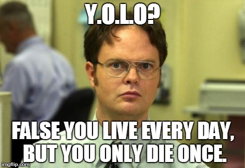 Dwight Schrute | Y.O.L.O? FALSE YOU LIVE EVERY DAY, BUT YOU ONLY DIE ONCE. | image tagged in memes,dwight schrute | made w/ Imgflip meme maker