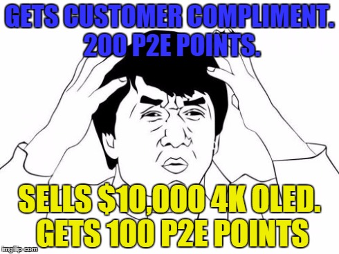 Jackie Chan WTF | GETS CUSTOMER COMPLIMENT. 200 P2E POINTS. SELLS $10,000 4K OLED. GETS 100 P2E POINTS | image tagged in memes,jackie chan wtf | made w/ Imgflip meme maker